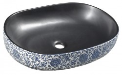 SAPHO - PRIORI keramické umyvadlo na desku, 60x40 cm, černá s modrým vzorem (PI026)