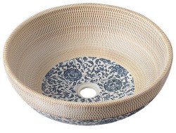 SAPHO - PRIORI keramické umyvadlo na desku, Ø 41cm, béžová s modrým vzorem (PI011)