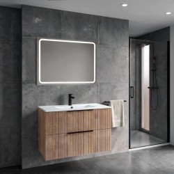 SAPHO - SET koupelnová skříňka CIRASA STRIP 100cm s umyvadlem a LED zrcadlem, 2x zásuvka, dub alabama (KSET-109)
