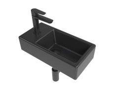 SAT - Koupelnový set levého závěsného umývátka Brevis 40,5 cm, pákové baterie, sifonu, průtočné zátky a roháčků v černé barvě KSETBRE2LBKM (KSETBRE2LBKM)
