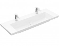 VILLEROY & BOCH - Subway 3.0 Dvojumyvadlo 130x48 cm, bez přepadu, otvory pro baterie, CeramicPlus, alpská bílá (4A70D1R1)